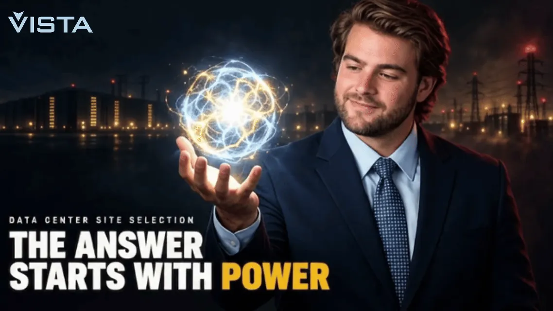 Animated cover: Evan Stair holding a glowing orb of energy in front of a data center and power lines at night, headline "The Answer Starts with Power"