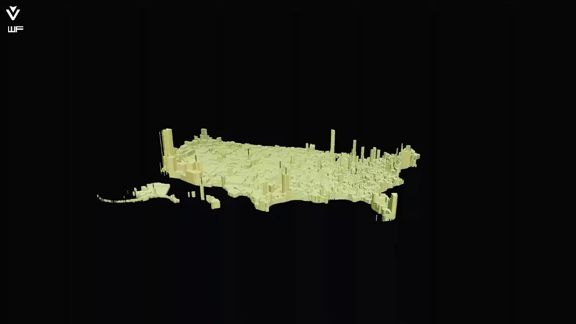 Animated 3D hexagonal map of the United States, extruded by value, by William Floyd