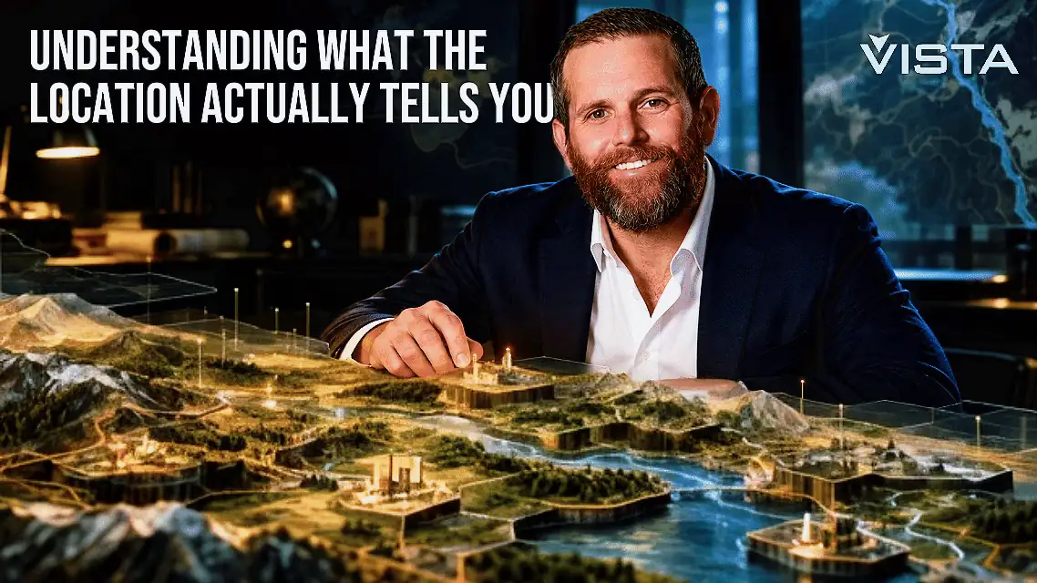 Animated cover: William Floyd at a glowing 3D terrain map built from hexagon tiles, rivers and lit sites, headline: Understanding What the Location Actually Tells You